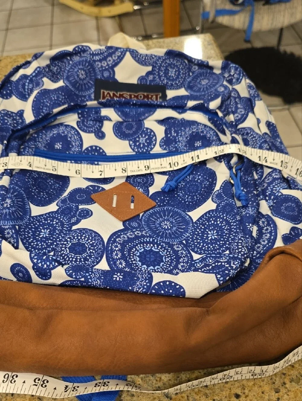 Jansport Blue & White Patterned Backpack with Brown Base